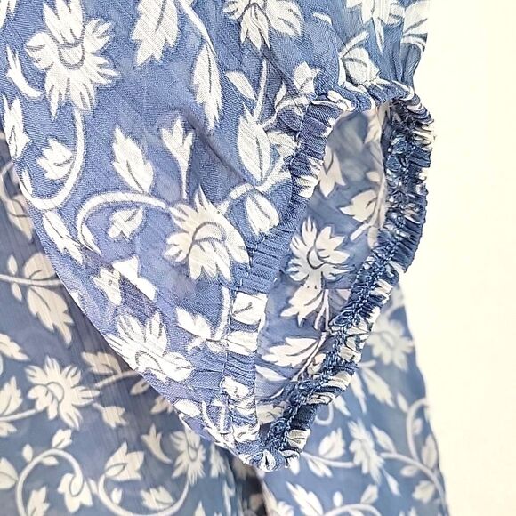 AAKAA Blue White Sheer Floral V-neck Blouse size L Loose Fitting Flowy Tassels - Picture 9 of 13